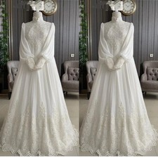 Muslim Chiffon Wedding Dresses High Neck Lace Applique Long Sleeves Bridal Gowns