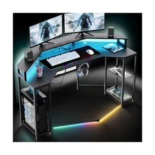 Gaming Desk with Power Outlets & LED Lights, 63" Wing-Shaped Computer Desk wi...