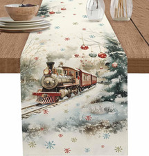 Table Runner 90 Inches Long Christmas Train Holly Woods Scene Lights Snowflakes