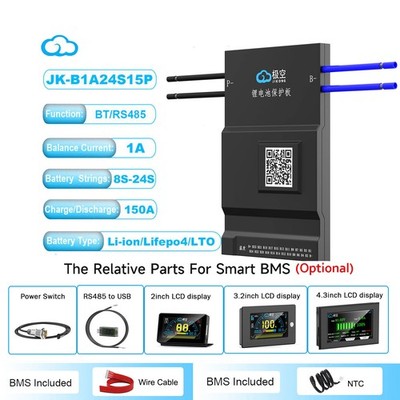 JK Smart BMS 8S-24S 24V-72V 150A Li-ion LiFePo4 BMS w/1A Active Balance BT/RS485