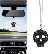 Bling Skull Car Rear View Mirror Pendant, Crystal Rhinestone Vehicle Hanging Cha