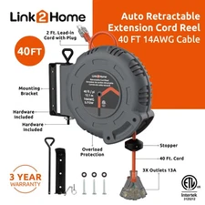 Link2Home 40 Ft. Auto Retractable Extension Cord Reel with 3 Grounded Outlets