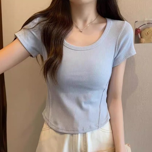 T-shirt été col U pour femme coupe slim manches courtes rétro top pour tenues - Picture 6 of 48