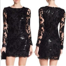 Dress The Population Grace Floral Lace Sequin Mini Dress Large Black Nude Lining