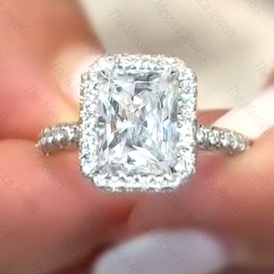 3.98 TCW Radiant Cut Moissanite Halo Engagement Ring 14K White Gold Plated
