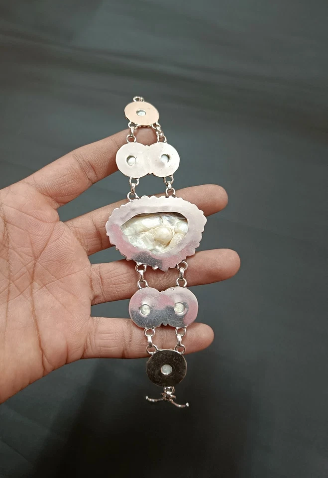 Hermosa Pulsera Madreperla Gema Plata de Ley Pulsera Regalo Ajustable Foto 4 de 4