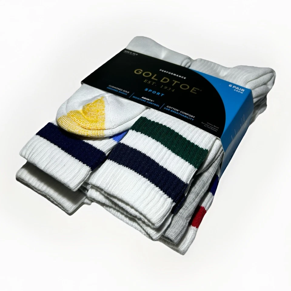 Novo Pacote com 6 Meias Masculinas Goldtoe Performance Pacote com 6 Tripulação Branca e Cinza Tamanho 6-12.5 - Imagem 3 de 4
