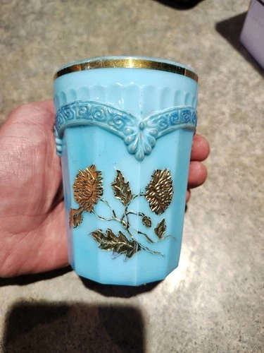 Rare Vintage Northwood Chrysanthemum Tumbler-Blue Custard W/Gold Flowers