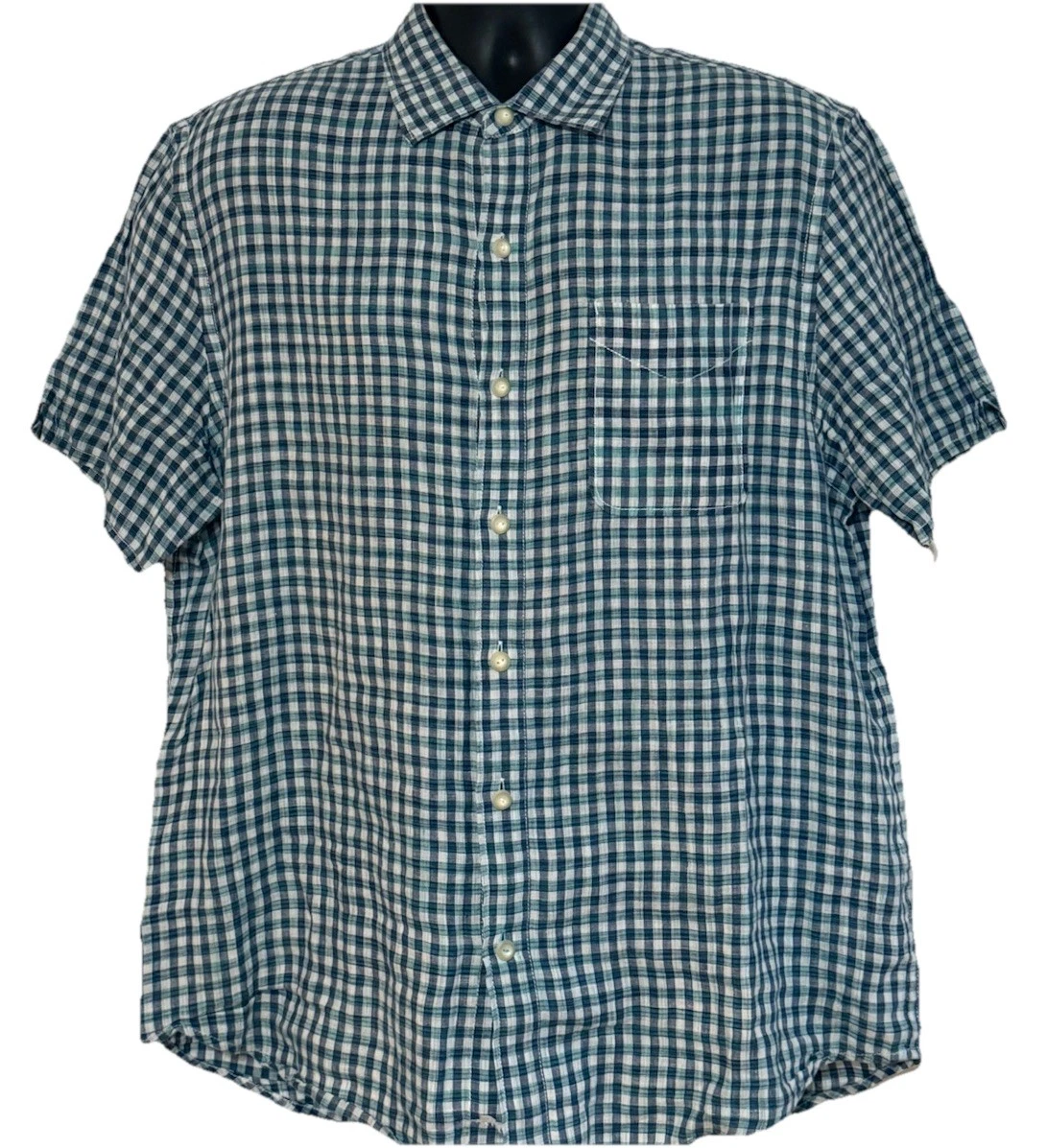 Tommy Bahama Shirt Mens Large Blue Check Plaid 100% Linen Pocket