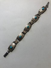 Vintage 925 Sterling Silver Navajo Turquoise Concho Link Bracelet 7 inch