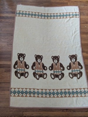 VTG VUTEKS VUKOVAR Crown Crafts Teddy Bears Argyle Acrylic Blanket 60 x 80''