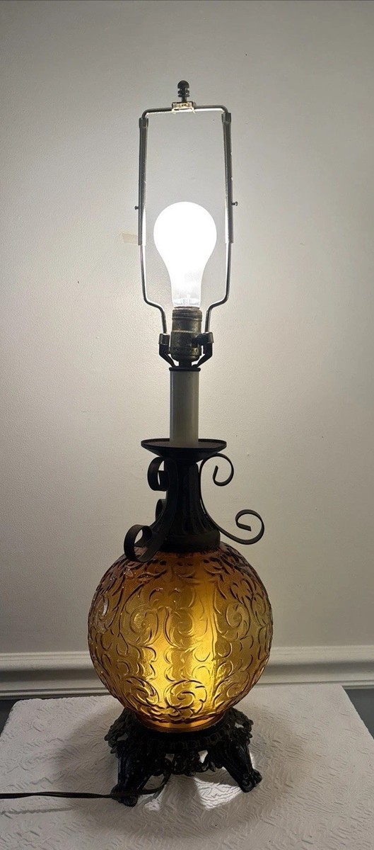 Vintage 1960s Amber Glass Globe 3/W Table Lamp Dual Light Ornate