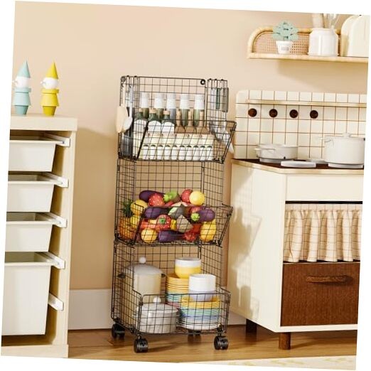 Outdoor Toy Storage, Play Kitchen Organizer with 5 S-Hooks, Rolling Black