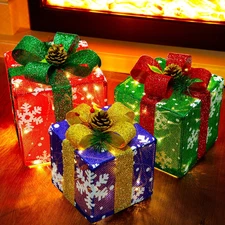 Set of 3 Lighted Gift Boxes Christmas Decorations, Snowflake Present Boxes, Chri
