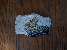BUCKING BRONCO WITH COWBOY BELT BUCKLE Western Rodeo Silver with Gold Bronco