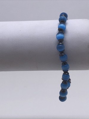Sterling Silver Blue Cats Eye Bead Bracelet Toggle Clasp