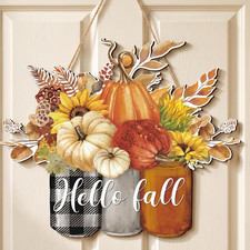 Fall Door Decor Wooden Pumpkin Wreath Sign for Front Door, Elegant Style