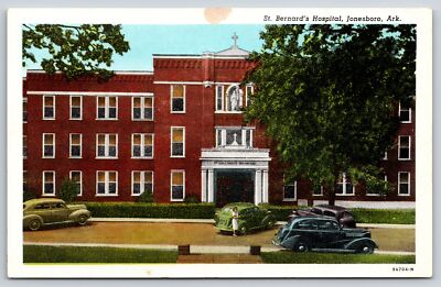 Jonesboro Arkansas~St Bernards Hospital~c1930s Autos~Vintage Linen Postcard