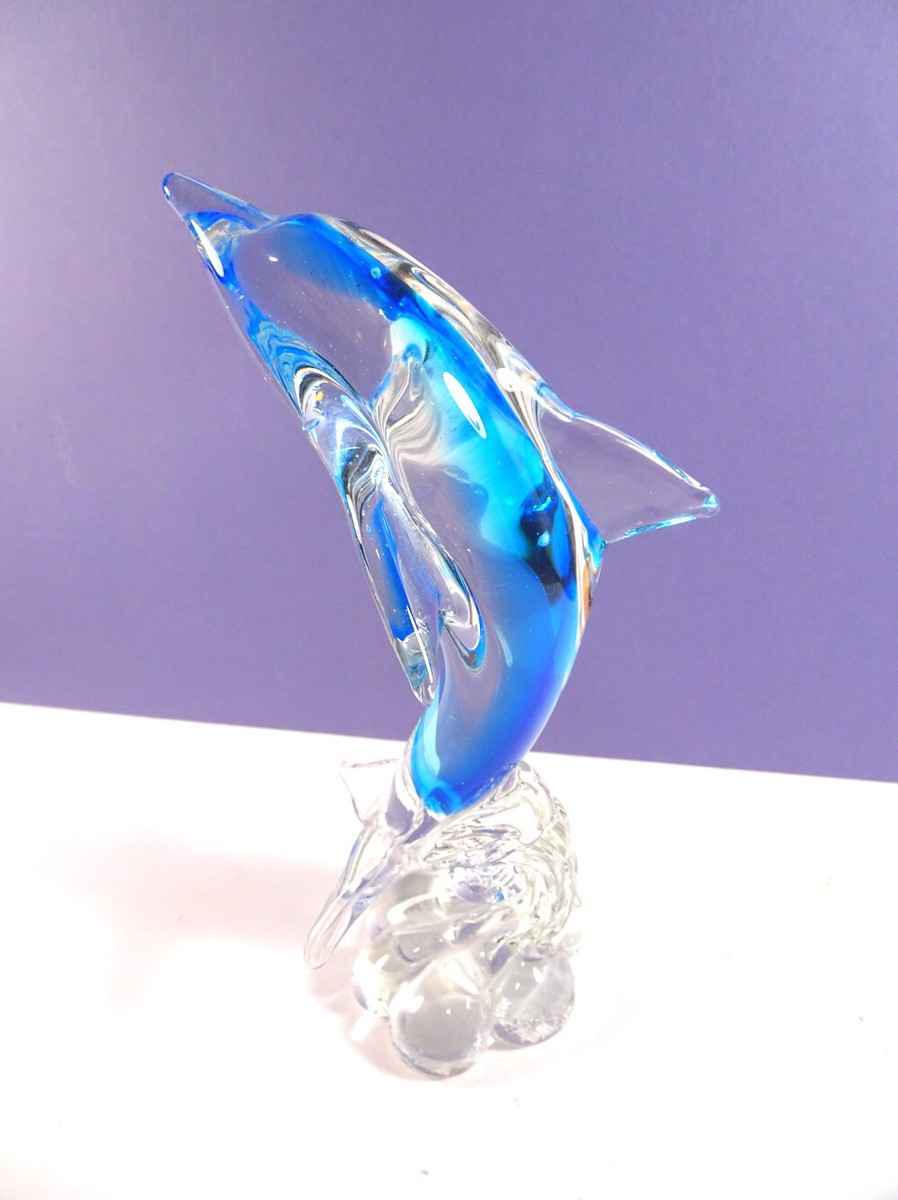Art Glass Crystal Turquoise Blue DOLPHIN STATUE 8