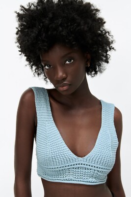Zara Sky Blue Crochet Crop Tank Top Size Small