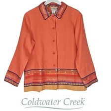 Coldwater Creek Orange Linen Blend Embroidered Shirt Jacket