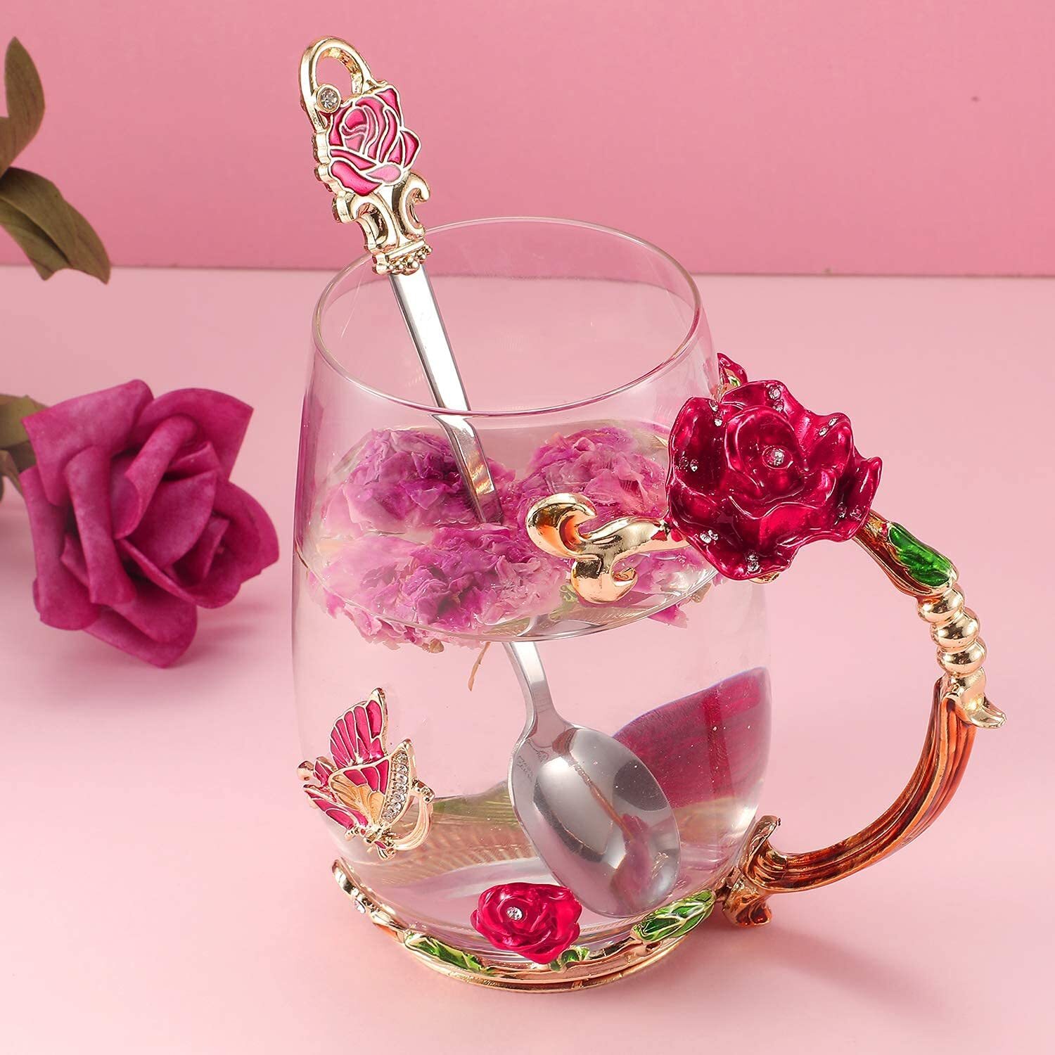 Enamel Water Glass Flower Tea Cup Rose Coffee Mug With Handle And Spoon
