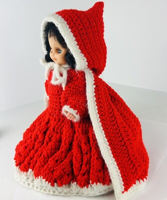 VTG hand Knit Crochet Little Red Riding Hood Cape Dress & Sleepy Eyed Doll