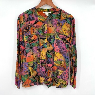Vintage 90s The Limited Top Women s Medium Button Up Funky Colorful Automobiles