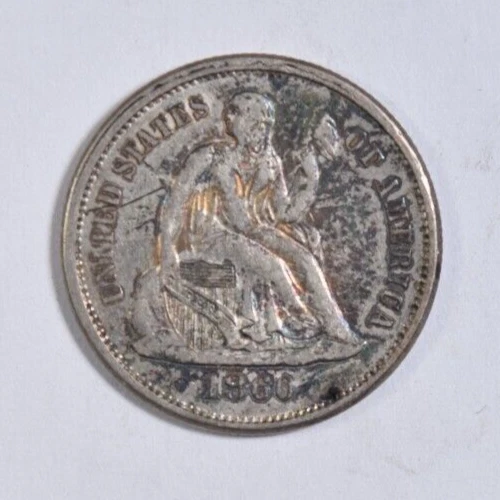1860 SEATED LIBERTY DIME ~ NICE BLUE & GOLD TONED XF!