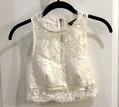 Topshop Women's SZ 4 Lace Crop Top Built in Bra Zip up Back Sleeveless High Neck