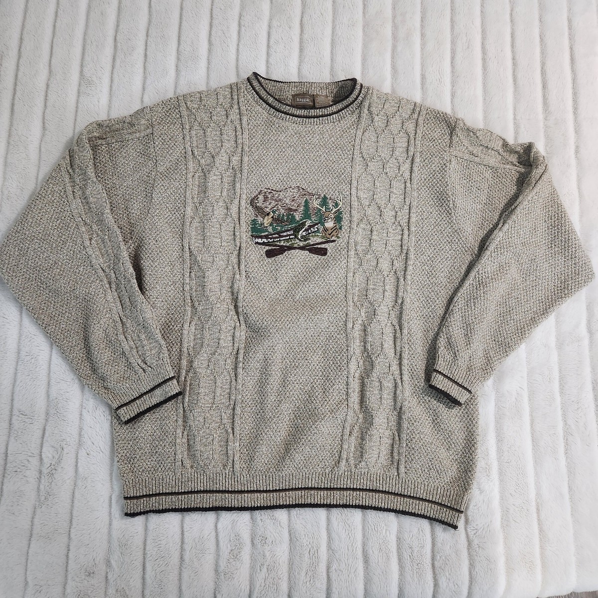 Vtg Haggar Generations Sweater Mens XL Brown Hunting Cable Knit Embroidered