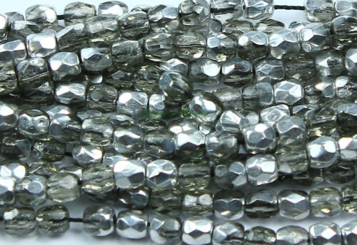 50 Black Diamond/Silver Czech Firepolish Faceted Round Glass Beads 3mm