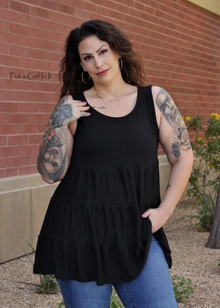 New PLUS SIZE Womens BUTTERY SOFT BLACK TIERED TANK TOP TUNIC