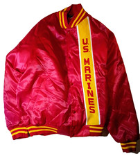 VTG 80s US Marines Satin Bomber Jacket Red ASW USA Large Snap Vertical Knit Logo