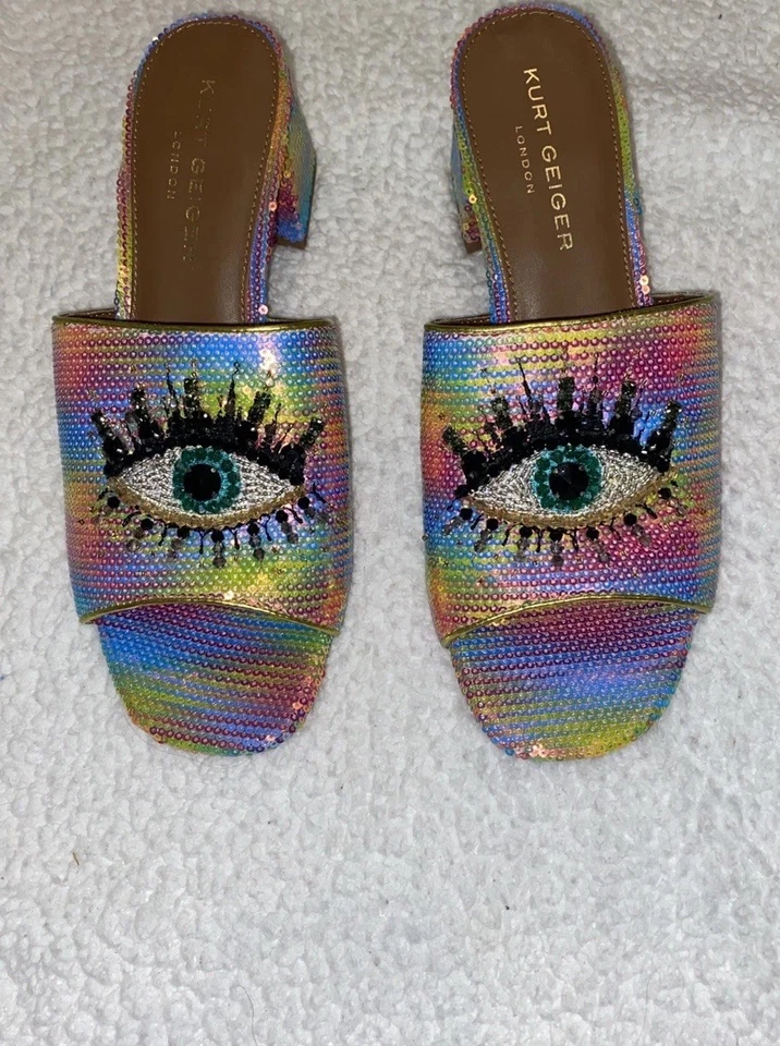 SANDALIA MULA OJO BLOQUE OLIVA KURT GEIGER LONDRES LENTEJUELAS EN MULTI TALLA 42/10 EE. UU. Foto 3 de 4