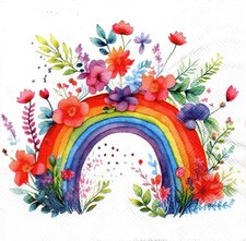  2 Two Paper Lunch Napkins for Decoupage/Mixed Media - Rainbow w/Flowers floral