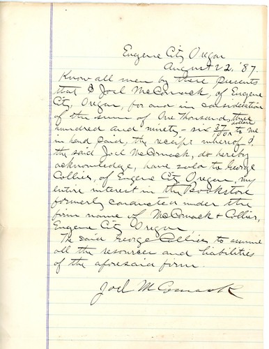 1887 Eugene City Oregon Verkaufsbeleg für McComack & Collier Buchhandlung für 1396 $