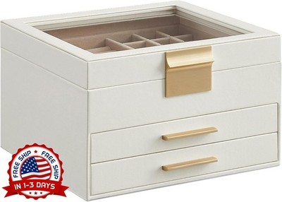 Organizador de joyas con tapa de cristal y 2 cajones,3 niveles de almacenamiento