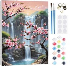 DIY Wasserfall Malen nach Zahlen Set f&uuml;r Erwachsene Kinder mit Rahmen -Blume