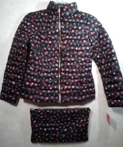 Kate Spade Packable Down Puffer Jacket Size XS Mini Roses Full Zip Hood Pouch