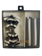 Vesuvio Napoli Black Silver Gray Striped Bow Tie w/Matching Pocket Square