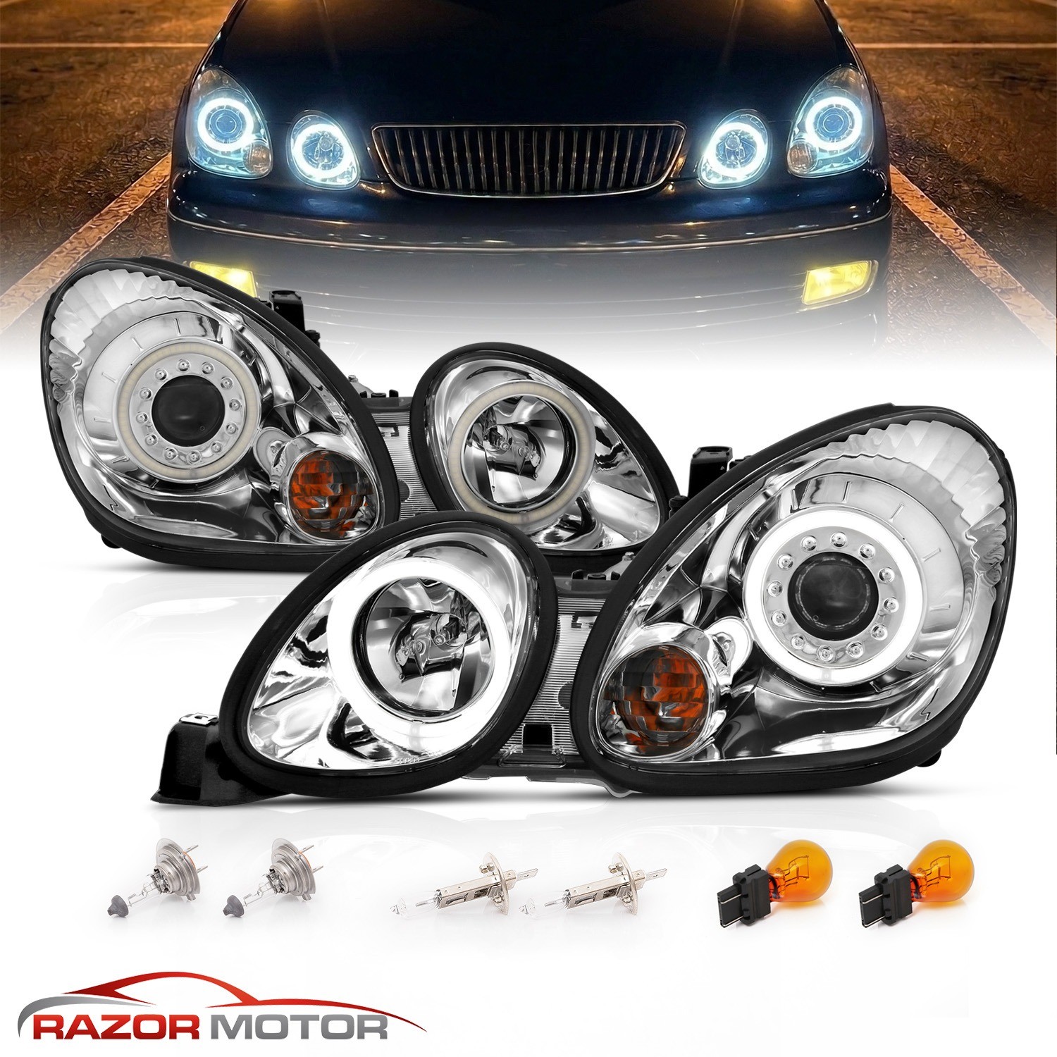 [LED Halo]For 98-05 Lexus GS Sedan GS300/GS400 Projector Chrome ...