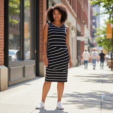 10 - 12 VETONO Dress Black White Stripe Jersey  Bubble Dress  Nautical Stretch