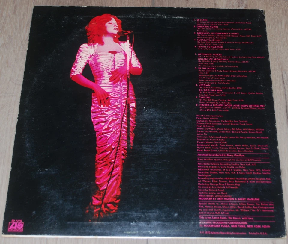 Bette Midler–Bette Midler (Self-Titled)–1973 Atlantic–SD7270 Vinyl Record LP - Image 2 of 3