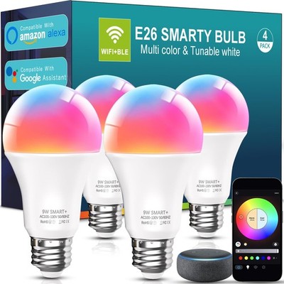 4 Pack Smart E26 9W LED RGB Lights Bulbs APP Bluetooth WiFi Work Alexa & Google