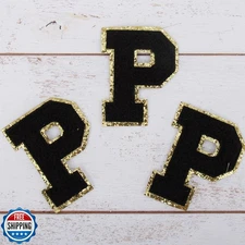 3 Pack Chenille Iron On Glitter Varsity Letter 5cm Tall "P" Patches - Black C