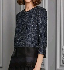 St. John Sequined Front Tweed Cropped Jacket In Navy And Black Size 6