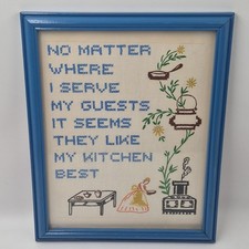 Vintage Hand Stitched Folk Art Cross Stitch Country Cottage Floral Kitchen Frame