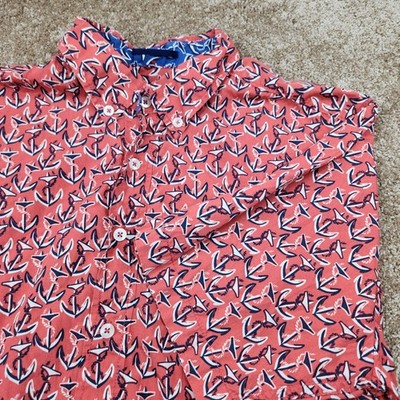 Reyn Spooner Mens Large Red Anchor Print Cotton Short Sleeve Button Down Shirt
