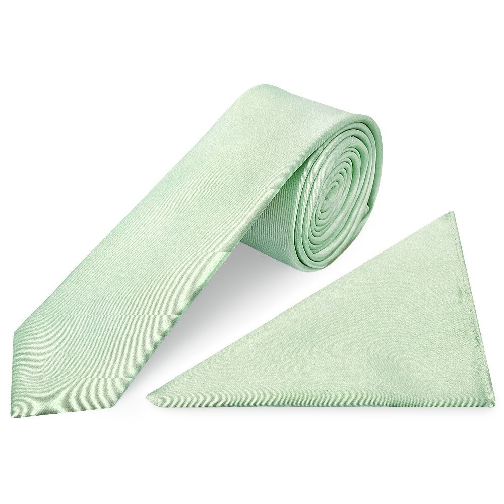 Pale Mint Satin Skinny Slim Mens Tie and Pocket Square Set Wedding Christening